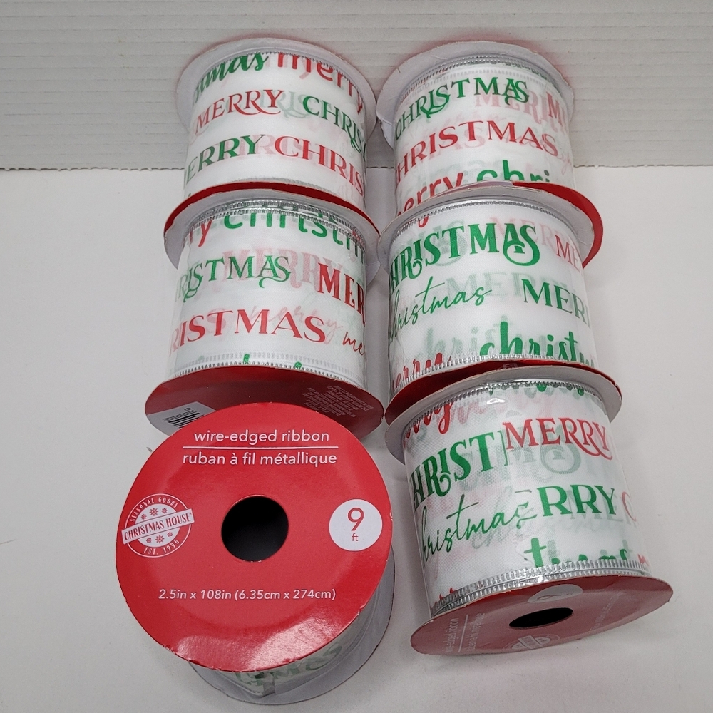 Merry Christmas Wire Edge Ribbon Six Rolls NWT 9 Ft x 2.5 inch